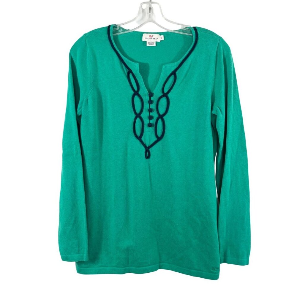 Vineyard Vines Green & Navy Wool Blend Embroidered Knit Top - Size Small